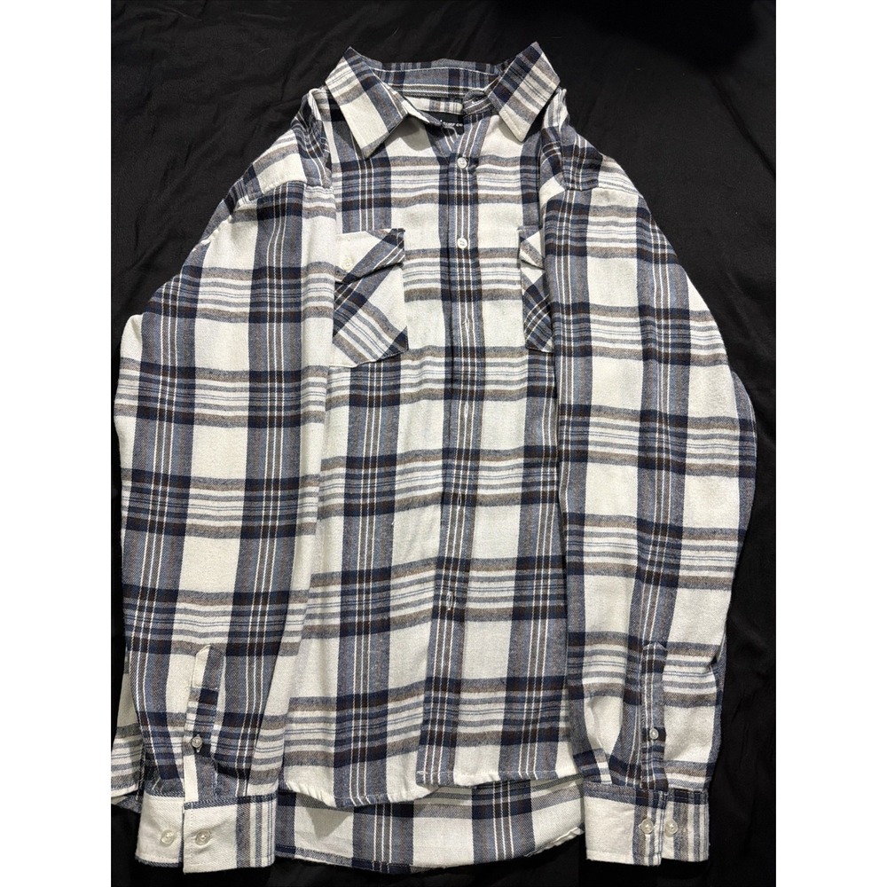 Molokai Surf Co Men Large Blue White Plaid Flannel Button Down Shirt Long Sleeve
